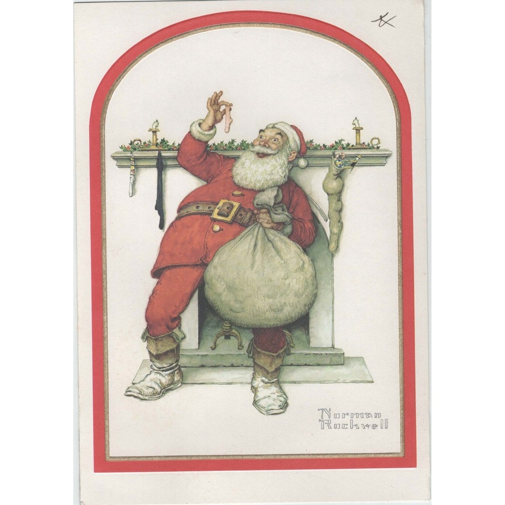 Vintage 1985 Hallmark Christmas Card Norman Rockwell Santa Fireplace Used